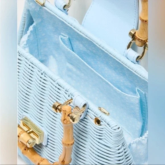 💙 LILLY PULITZER 💙 NWT Leena Top Handle Wicker Bag Bluette with Bamboo Handle - Picture 6 of 9
